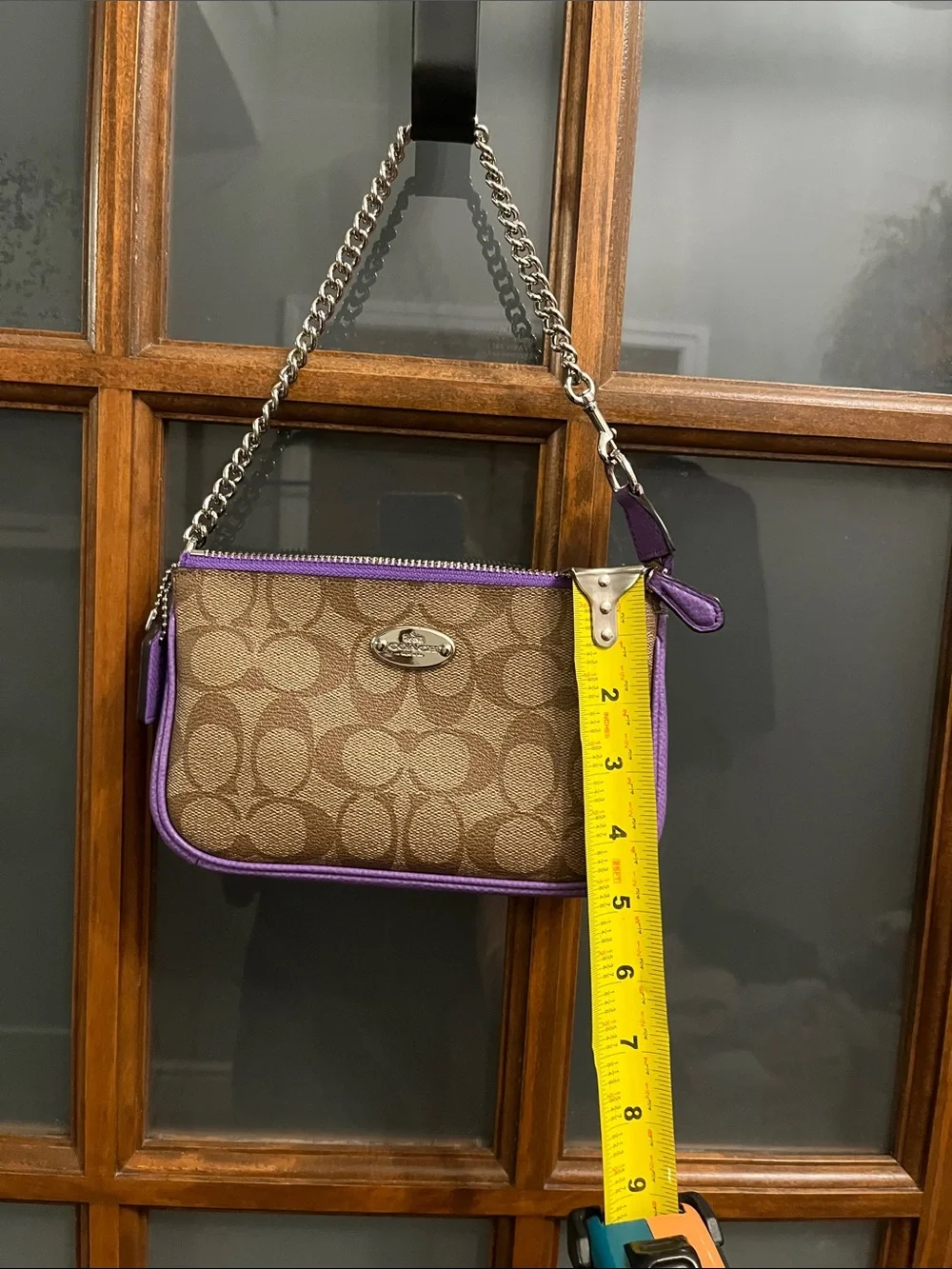 Coach Brown Signature Canvas Wristlet with Purple Trim